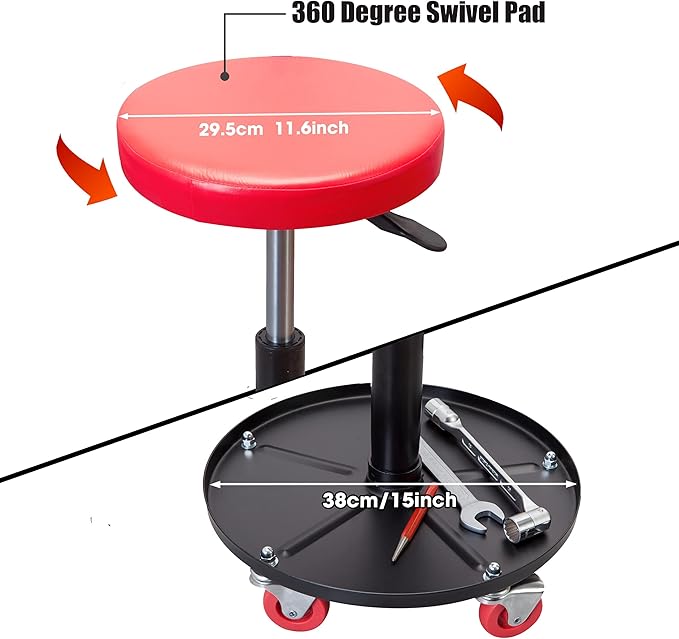 TCE Duty Rolling Pneumatic Creeper Garage/Shop Seat: Padded Adjustable Mechanic Stool with Tool Tray Storage, Red,ATRHL6201U
