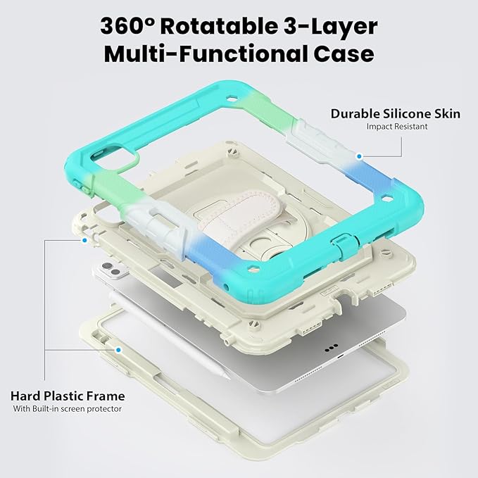 Dteck for iPad Pro 11 inch (M4/M5) 2024/2025 Shockproof Case with Screen Protector/Stylus Pencil Holder/Rotating Kickstand/Grip Hand Strap, Heavy Duty Protective Rugged Tablet Cover, Colorful Mint