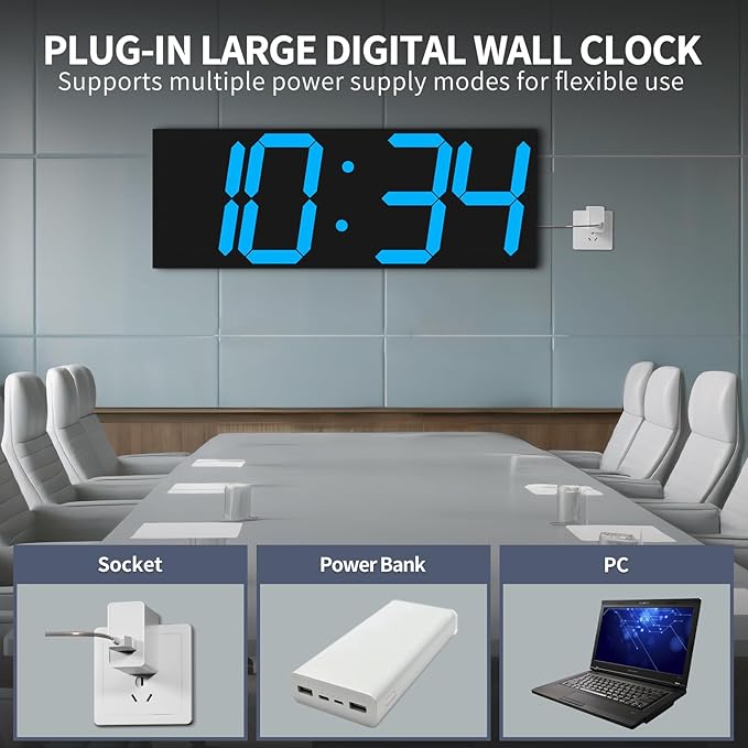 CHKOSDA 18.7in Large Digital Wall Clock,LED Digital Clock with Big Number,Multi-Function Remote Controlled Wall Clock with Timer, Alarm and Calendar Display(Blue)