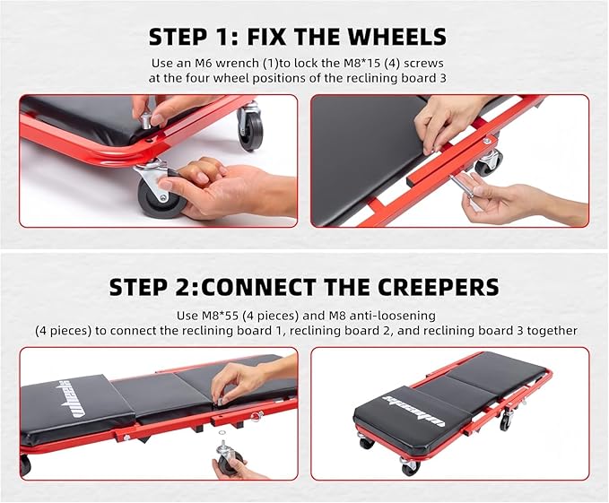 Mechanic Creeper 36-inch 3-in-1 Mode Z Seat 340lbs Capacity, Foldable Garage Adjustable Rolling Folding with 6pcs Wheels Roller, Lay Down Sit Lean Back, Under Car Auto Repair (Red Frame)