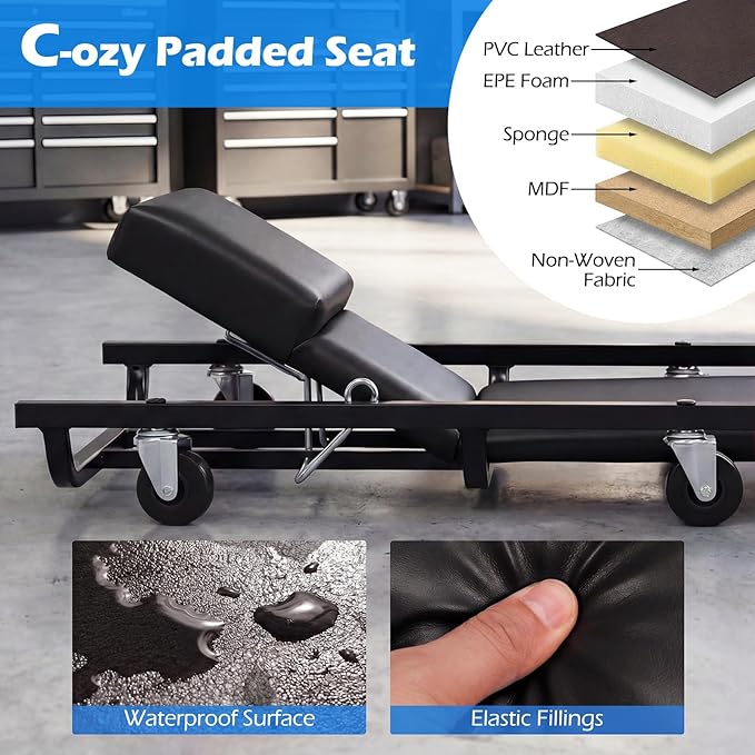 Goplus 40 Inch Rolling Creeper, Padded Mechanic Cart with Adjustable Backrest & Headrest, Heavy-Duty Automotive Rolling Creeper with 6 Swivel Casters for Garage, Repair Shop, DIY