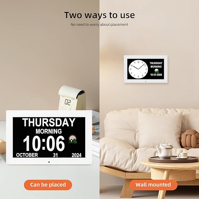 Digital Alarm Clock, Multiple Alarm Functions, Clock with Date and Day, Digital Alarm and Electronic Calendar for Seniors (White, 7 inch) (10-inch White)