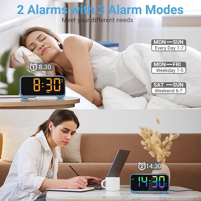PPLEE RGB Digital Alarm Clock for Bedrooms, 6.5" Large LED Display with Dimmer, Loud Alarm for Heavy Sleepers, Dual Alarms with Weekday/Weekend Mode, USB & Type-C Charging, Plug-In with Battery Backup
