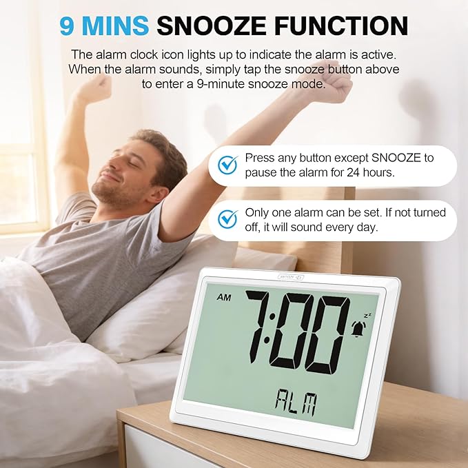 XREXS 10.4 Inch Digital Wall Clock, Battery Operated Large Display Clock, Digital Calendar with Indoor Temperature/Humidity/Date/Day, Auto DST for Classroom, Livingroom, Office(No Backlight)(White)