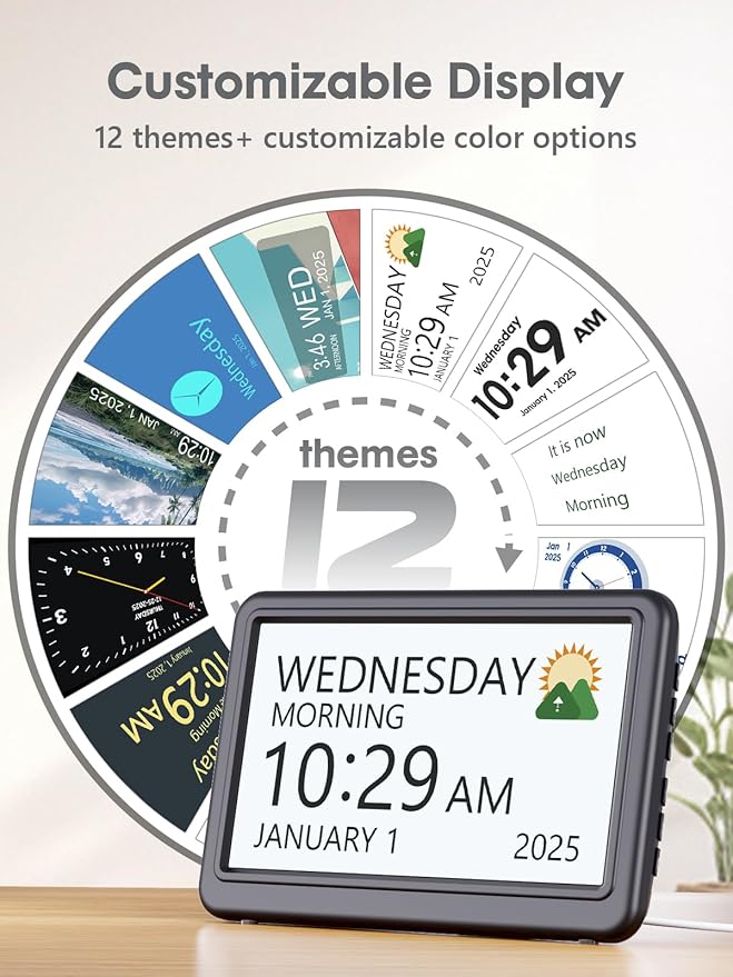 ROCAM Dementia Clock for Seniors, Large Display Digital Calendar Day Clock, 12 Themes 20 Custom Alarms & Reminders with 18 Ringtones, Automatic Dimmer, Medication Alarm Clock for Alzheimers/Elderly