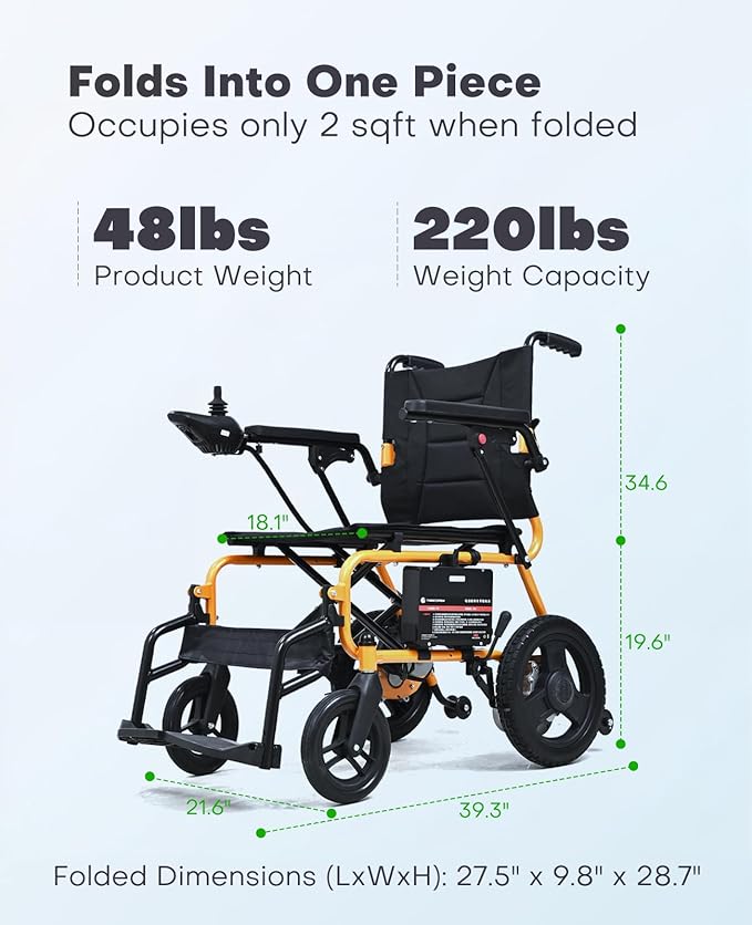 Lightweight Electric Wheelchair – Only 48 lbs, Foldable Power Chair for Adults, All-Terrain Motorized Wheelchair with One-Click Mute & SOS Alert Button, Removable Battery, 220 lb Capacity