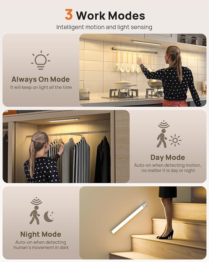 16 Inch Under Cabinet Lights, LED Motion Sensor Light Indoor, 4000mAh Rechargeable Closet Light with Remote, 3 Color Temps, Magnetic, Wireless Under Counter Lights for Kitchen, Stairs, Hallway, 4 Pack