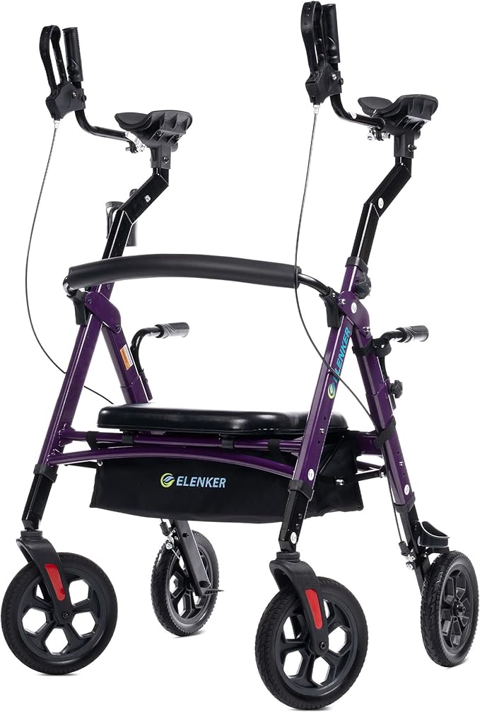 ELENKER All Terrain Heavy Duty Upright Walker with Extra Wide Seat, Foldable Aluminum Bariatric Stand Up Rolling Walker, 10” Wheels, Fully Adjustment Frame, Support up to 500 lbs for Seniors, Purple