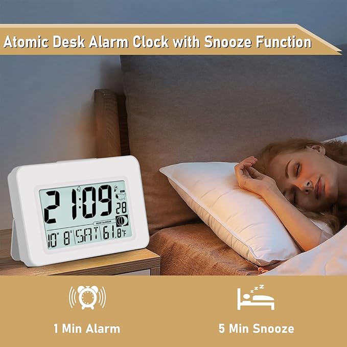 Handy Atomic Alarm Clock - 6'' Battery Operated Digital Clock with Seconds, Self-Setting, Auto Sync, DST, Selectable Time Zones,Portable Travel Desk Clock with 5s Touch Backlight for Bedroom（White)