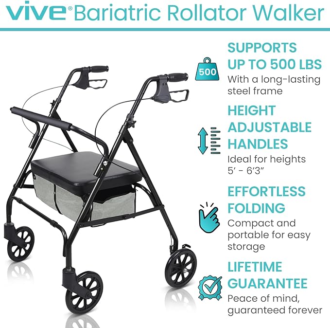Vive Bariatric Rollator Walker for Seniors - 500 lbs Capacity - Rolling Walker with Seat Lightweight Easy Folding - Mobility Aids & Equipment - Adult Heavy Duty 4 Wheel Rollator with Brakes (Black)