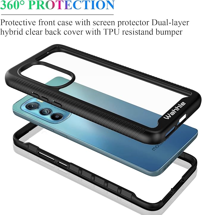 wahhle Compatible with Motorola Edge 2022 Case, Built in Screen Protector Full Body Shockproof Slim Fit Bumper Protective Phone Cover for Edge 5G UW 2022 Men Women-Black/Clear [Not for Edge Plus]