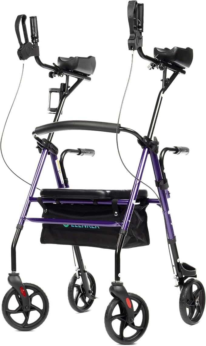 ELENKER Upright Walker, Stand Up Rollator Walker with Padded Seat and Backrest, Compact Folding, Fully Adjustment Frame for Seniors, Purple