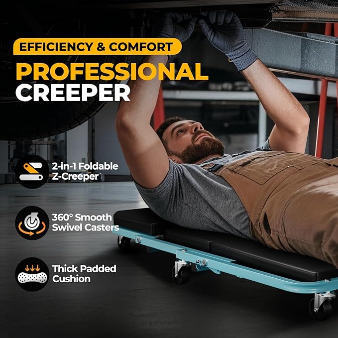 Auto Dynasty 36" Z-Creeper Seat, 2-in-1 Foldable Garage Creeper Shop Seat, 330 LBS Capacity Automotive Mechanic Repair Under Car Rolling Creeper Seat, Sky Blue