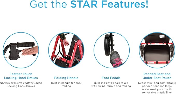 NOVA Star 8 Petite Heavy Duty Bariatric Rollator Walker, Large Padded Seat, 450lb Capacity, 8” Rugged All-Terrain Wheels, Easy-Grip Locking Hand Brakes, Fold Lock, Height Adjustable, Red