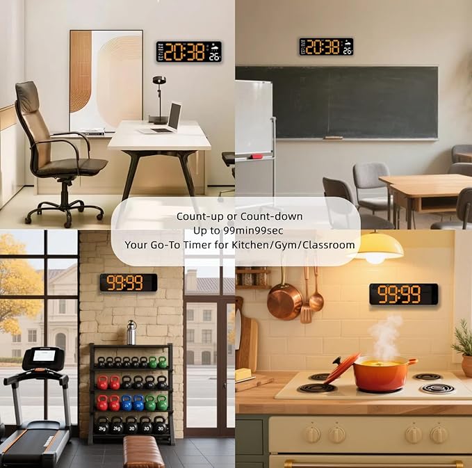 Large LED Digital Wall Clock with Alarm Timer - Auto Dimming Clock with Temperature, Weather and Calendar, Remote Control, Classroom Décor, for Bedroom, Office, Living Room (Orange)