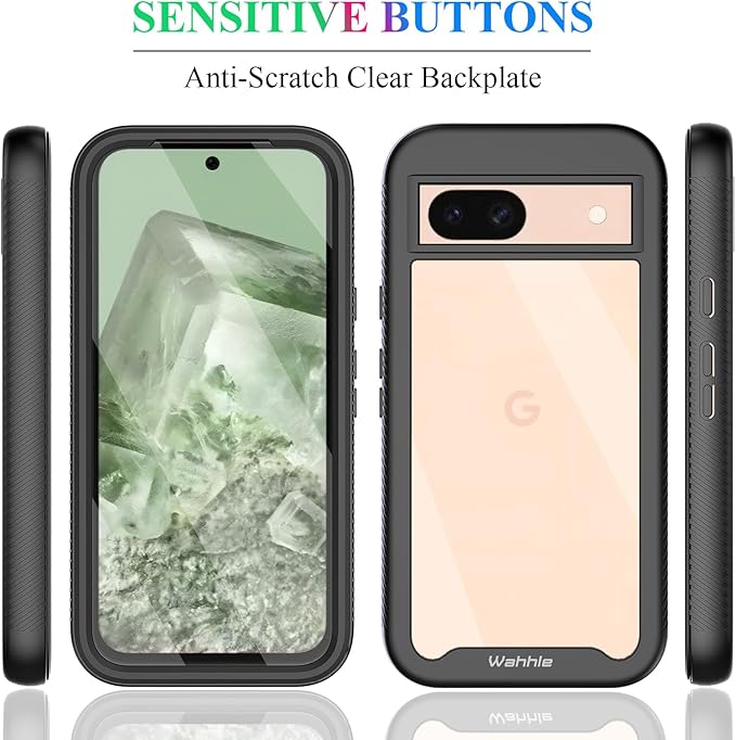 wahhle Compatible with Google Pixel 8A Case, Built in Screen Protector Full Body Shockproof Slim Fit Bumper Protective Phone Cover for Pixel 8A Men Women-Black/Clear