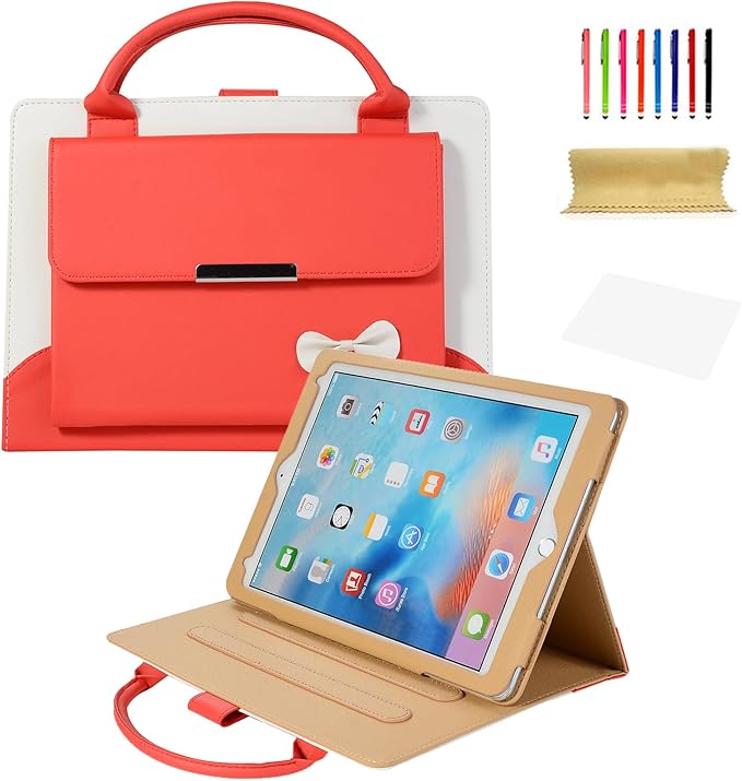 Dteck for iPad mini (A17 Pro/6th Generation) 8.3" Folio Case with Handle/Front Pocket, Auto Sleep Wake/Adjustable Stand Angles, Lightweight PU Leather Cover with Stylus/Screen Protector Film, Red