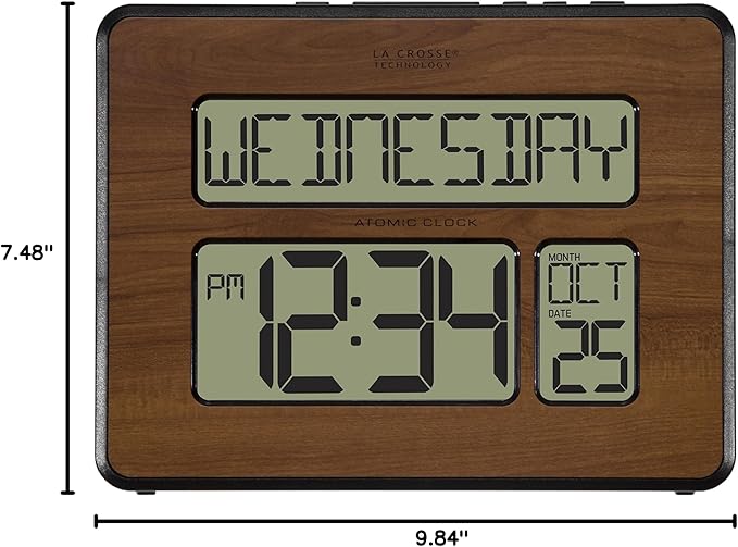 La Crosse Technology 513-1419-WA-INT Atomic Large Full Digital Calendar Clock, Walnut, 9.84"L x 1.14"W x 7.48"H
