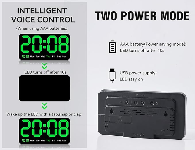9.5 Inch Large Digital Wall Clock with LED Display, Auto DST, Dual Alarm with Snooze, Adjustable Brightness, Temperature & Date Display, Wall Mount or Desk Clock for Bedroom, Living Room, Office-Green