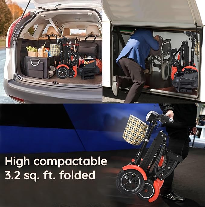 Dragon Mobile EX 4 Wheel Foldable Mobility Scooter for Adults, Elderly & Travel - All Terrain Aluminum Alloy Power Wheelchair with Premium Large Seat - Front Basket Included (Matte Red)