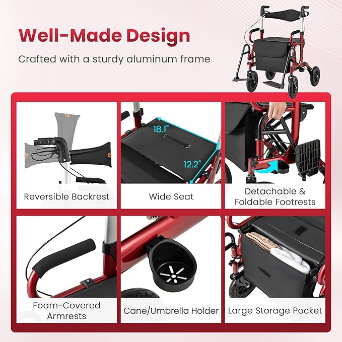 Goplus Walkers for Seniors with Seat, 2 in 1 Folding Rolling Rollator Walker & Wheelchair Combo with Brakes, 9" Pneumatic Tires for All Terrain, Aluminum Adult Mobility Walking Aid