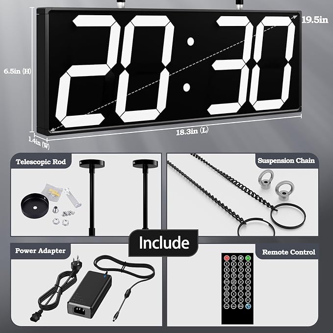 CHKOSDA 19.5'' Large Digital Wall Clock with Double Sided Display,Multi-Functional LED Hanging Digital Clock with Adjustable Brightness,Suitable for Offices, Warehouses, Corridors (White)