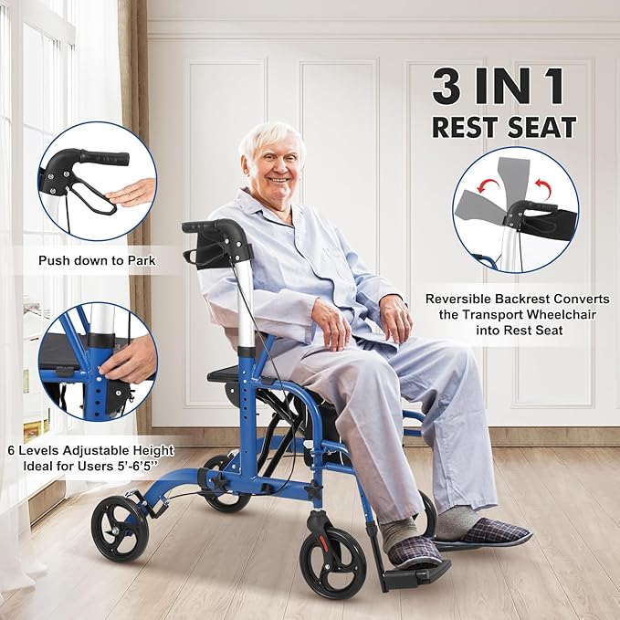 Walker for Seniors,Folding Walker and Transport Wheelchair Combo for Seniors - Lightweight Aluminum All-Terrain Rollator with Seat, Backrest, Hand Brakes & Footrests