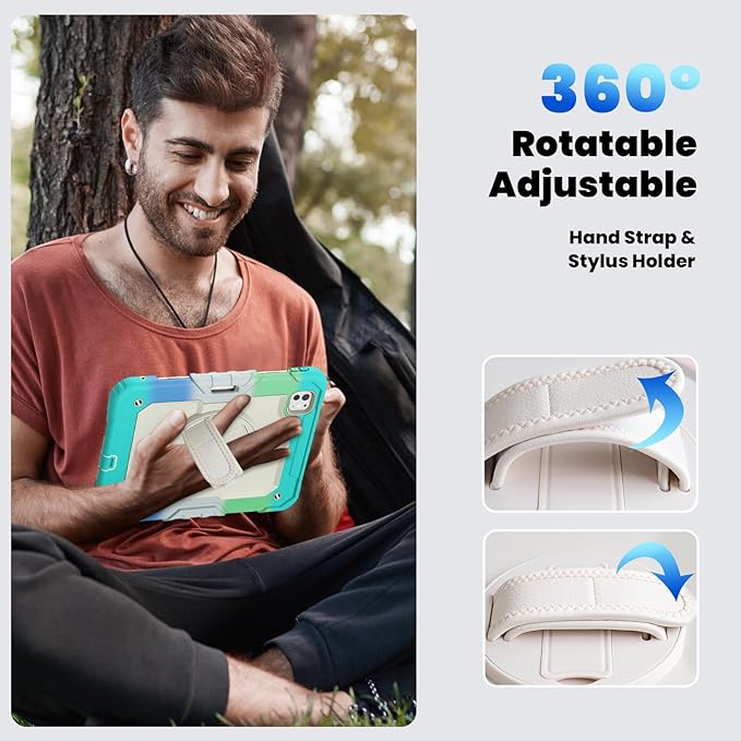 Dteck for iPad Pro 11 inch (M4/M5) 2024/2025 Shockproof Case with Screen Protector/Stylus Pencil Holder/Rotating Kickstand/Grip Hand Strap, Heavy Duty Protective Rugged Tablet Cover, Colorful Mint
