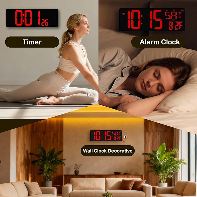 Digital Wall Clock Large Display: 16.5" LED Digital Clock Bluetooth Sync with Remote Control Temperature Date Week Auto DST, Big Wall Clock for Bedreeom Kitchen Living Room Office Gym, Red