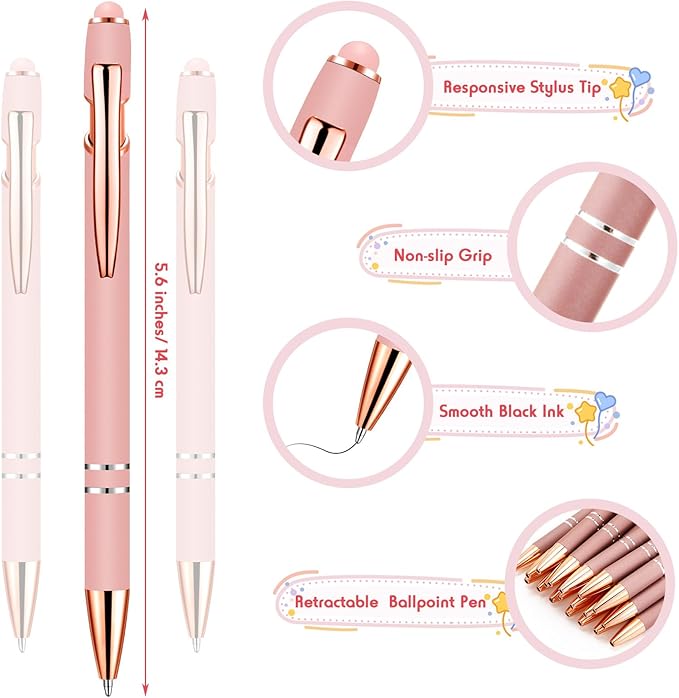 Yeaqee 100-Pack Ballpoint Pen with Stylus Tip Click Rose Gold