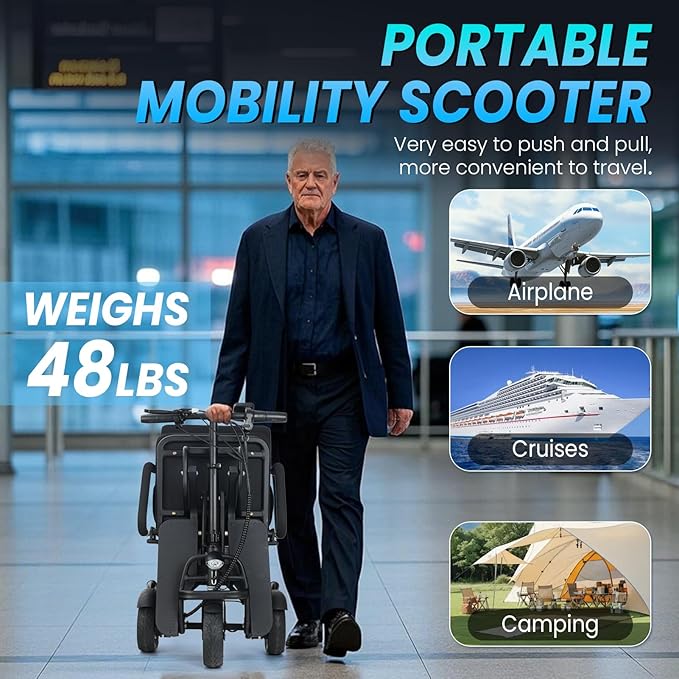New Upgrade Folding Mobility Scooters for Adults, 9.32mph 50 Miles Driving Distance, with 2 * 10AH Long-Range Lithium Battery, 3 Wheel Ultra Lightweight Travel Portable Power Scooters for Seniors