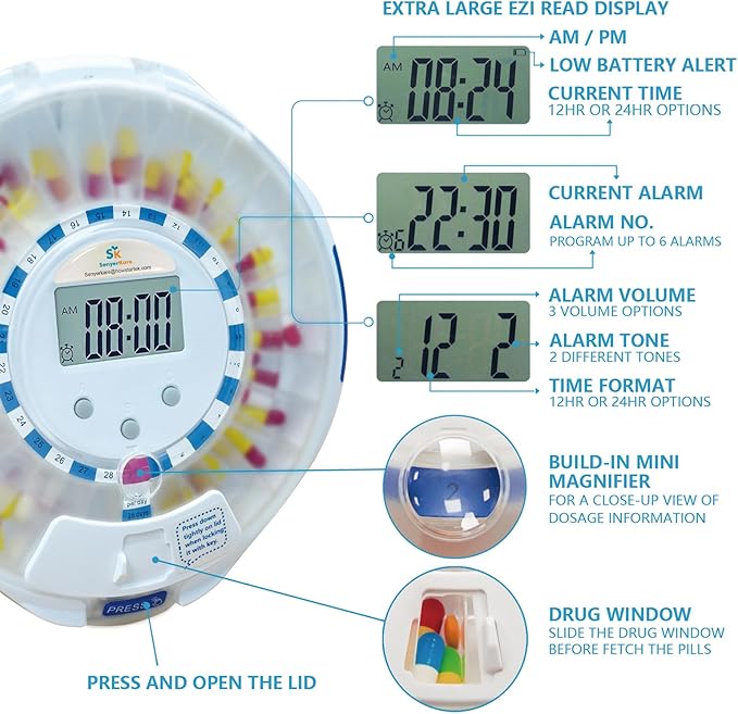 28-Day Automatic Pill Dispenser with Alarm for Elderly Sound and Light Alerts Locked Medication Organizer