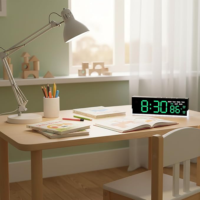JENLYSTIME 7 Inch LED Digital Alarm Clock with Dual Alarms & Bottom Glow｜Displays Time, Date, Day, Temperature ｜3-Level Auto/Manual Brightness, DST, USB or Battery Powered Modern Desk Clock (Green)