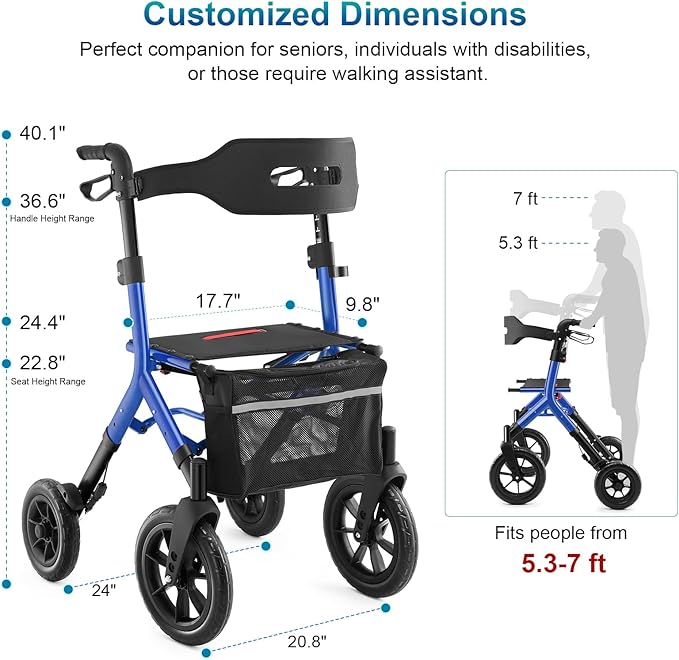 MAXWALK Rollator Walker with Seat, Tall Walkers for Seniors, 12" Big Rubber Wheels All Terrain Rollator Walker with Backrest, Built-in Cable, Foldable and Dual Adjustable Height for 5.3-7ft, Blue