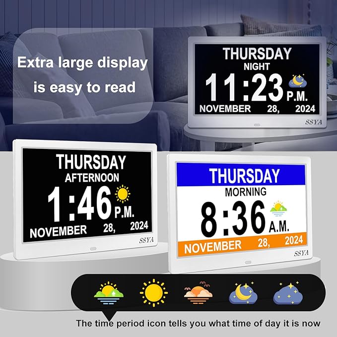 SSYA Dementia Clock for Seniors Digital Large Calendar Alarm Clock Auto DST White
