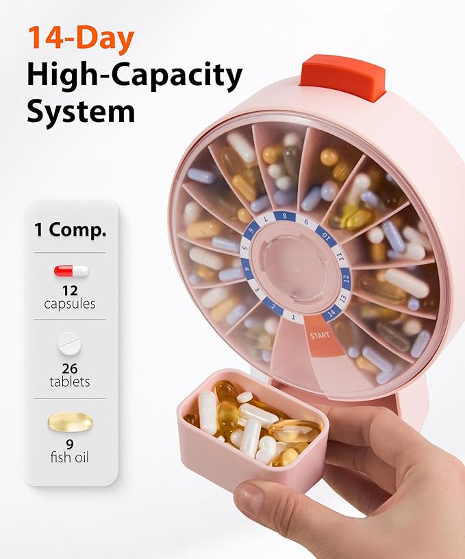14-Day Rotating Pill Dispenser Wheel Push Button Wall-Mount or Desktop for Seniors