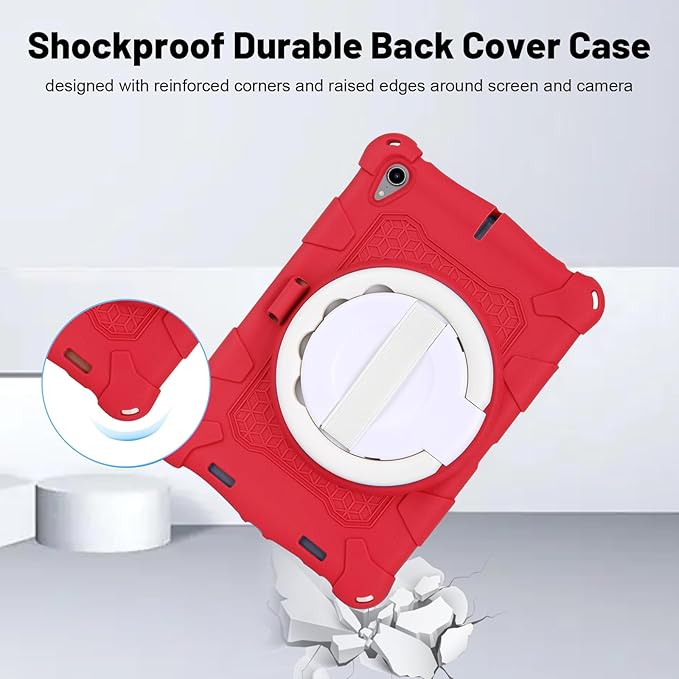 Dteck for iPad mini A17 Pro/iPad mini 6th Generation Back Cover 8.3" 2024/2021 Release, Durable Lightweight Silicone Case with Rotate Kickstand/Handle, Shoulder Strap/Screen Protector Included, Red