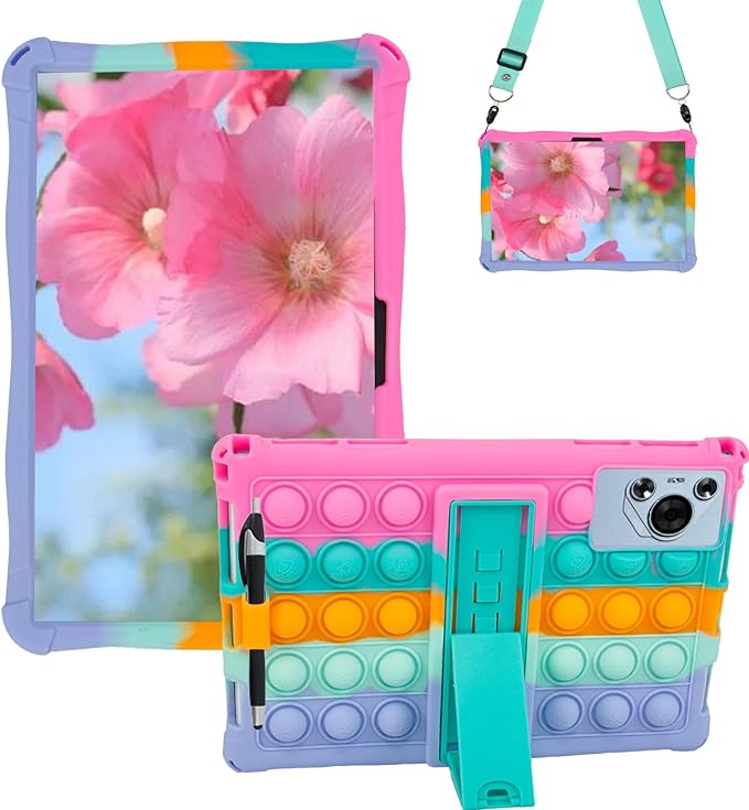 Silicone Tablet Case with Stand/Shoulder Strap Soft Cover Compatible with MEIZE ‎D115/aiprotablet C20e/Okaysea/Callsky-Tab/BYYBUO A10/ECOPAD 10.1" Rainbow