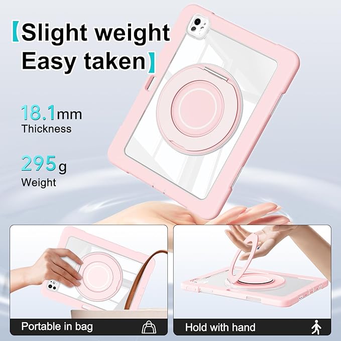 Dteck for iPad Pro 11 inch (M4/M5) 2024/2025 Release Shockproof Clear Case with Stylus Pencil Holder/Rotating Kickstand/Swivel Handle, Lightweight Protective Slim Transparent Tablet Cover Shell, Pink
