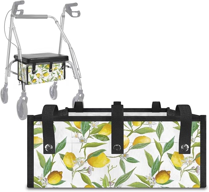 3 Piece Set Walker Accessories Yellow Lemon Walker Seat Cover Soft Rollator Seat and Back Rest Covers Underseat Pouch Tote, Easy to Install and Easy Clean