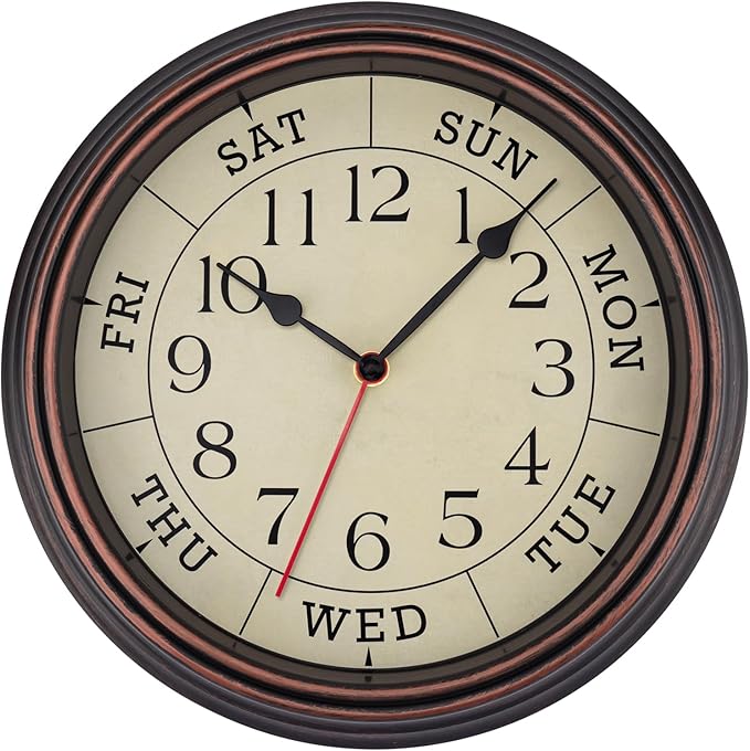 Foxtop Day of The Week Wall Clock for Seniors, 14 Inch Classic Silent Day Wall Clock for Office Home, Ideal Retirement Gift for Men & Women (Bronze)