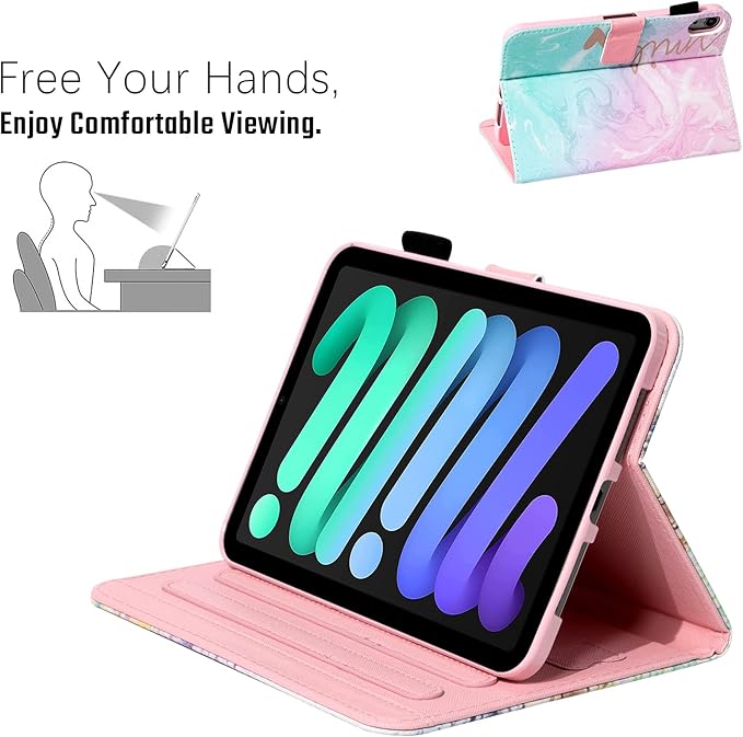 Dteck for iPad mini 8.3" (A17 Pro), Mini 6th Gen 8.3-inch Smart Folio Case with Auto Sleep Wake, Stand, Card Slots, Elastic Stylus Pen Loop Holder, PU Leather Protective Cute Flip Cover, Pink Mint