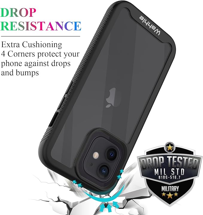 wahhle Compatible with iPhone 12/12 Pro Case, Built in Screen Protector Full Body Shockproof Slim Fit Bumper Protective Phone Cover 6.1'' Men Women-Black/Clear