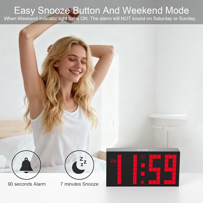 KWANWA Digital Alarm Clock with Auto-Dimmable LED Display, Weekend Alarm Mode, Battery Backup, DST Switch, 12/24H Format – Small Bedroom Clock for Desk, Nightstand, Kids, Seniors