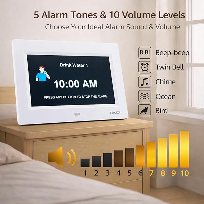 Large Display Digital Dementia Clocks for Seniors, 7'' Day Date Time Calendar Clock for Elderly, Simple Setup, 19 Alarm Reminders, Adjustable Brightness, DST