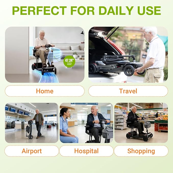 SCOOTNGO Mobility Scooters for Seniors & Adults Foldable 4 Wheels Powered Scooter Airline Approved 44Lbs Removable Battery Portable for Travel USB Charger Port