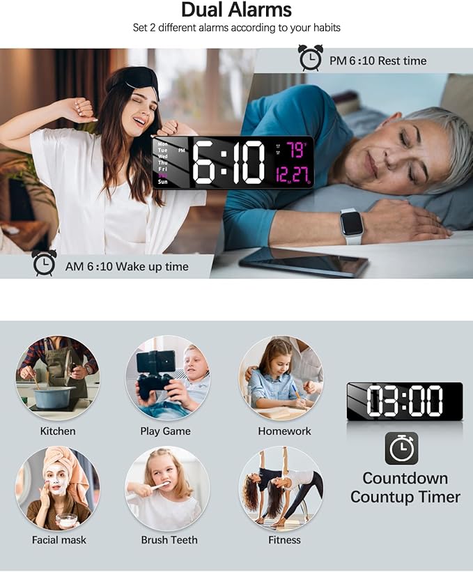 JoFomp Modern 16" Large Digital Wall Clock with Remote Control, LED Display, Auto-Dimming, Countdown, Temperature, Calendar - 12/24Hr Format - Silent Wall Clock for Home, Office, or Gym Use (Pink)