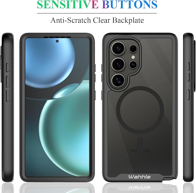 wahhle Compatible with Samsung Galaxy S25 Ultra Case, Magnetic Wireless Charging Built in Screen Protector Full Body Shockproof Slim Fit Bumper Protective Phone Cover for S25 Ultra-Black/Clear