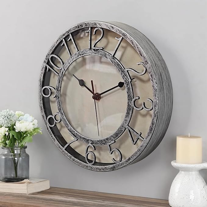 8" Silent Quartz Wall Clock Non-Ticking Digital Silver Clocks with 3D Numbers and Plastic Bezel Easy to Read Vintage Wall Clock