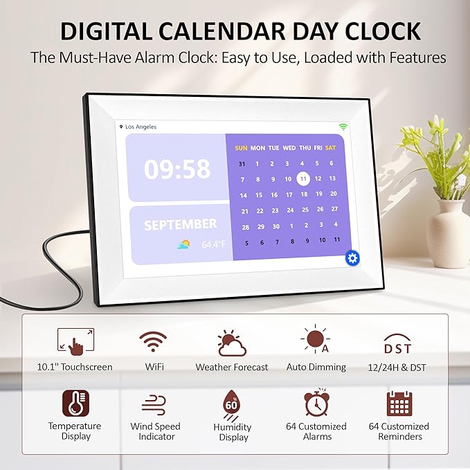 WiFi Touch Screen Digital Calendar Clock, 64 Custom Alarms, with Auto-Sync Time & Date, 7-Day Weather Forecast, Weekly Schedules Desk Clock (10.1" White)